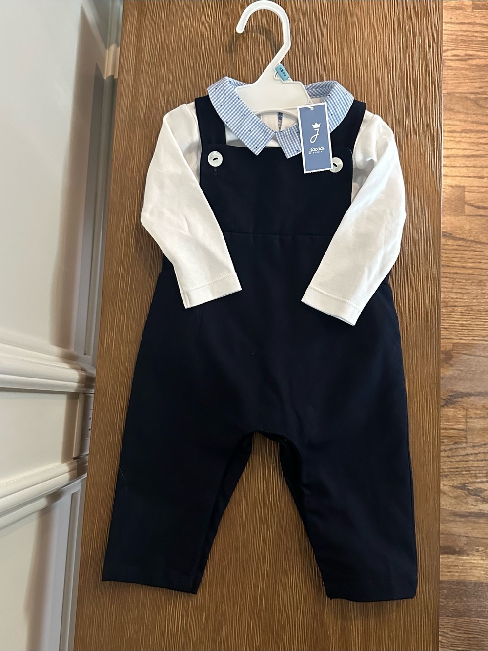 Jacadi Baby Navy Overalls with White Long-Sleeve top